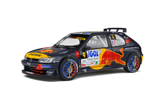🚗 Előrendelhető – Peugeot 306 Maxi Red Bull #4 – 6. hely, Rallye Mont Blanc 2021 – S. Loeb & D. Elena – Kék/Sárga/Piros – 1:18 Solido
